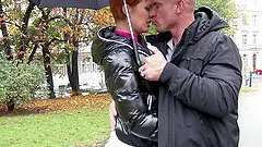 Hot redhead sucks cock in public and gets pissed on
