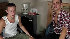 Hot gay college guys hook up and fuck in an office chair