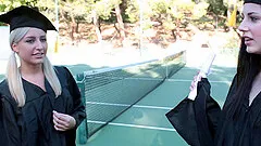 Coed hotties celebrate graduation by having lesbian group sex