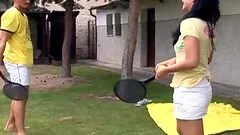 Outdoors sports quickly develops into fucking on the front lawn