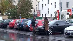 A beautiful brunette and stud have public sex in car and on street