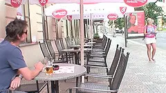 He convinces a slutty blonde with big natural tits to fuck in the park