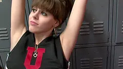 Lovely cheerleader gets to taste a big black cock in the locker room