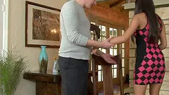 Lovely bombshell bangs her dudes anal using a strap on