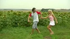 Pretty young blond gets her asshole plowed in the fields and gets facial
