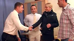 Blonde with red framed glasses gets all holes staffed with cock