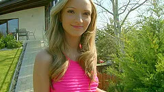 Skinny blonde beauty fucks herself with a huge glass dildo