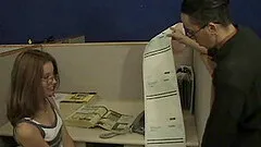 Hot babe with glasses draws gallons of cum from  huge penis to her stomach in a close up shoot