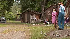 Outdoor orgy fucking with beauties in vintage dresses and lingerie