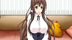 Bald guy anime standing fucked a busty coed in the bathroom