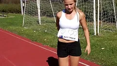 Sporty track and field babe takes a bathroom break to masturbate