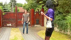 Milf in a satin blouse lets him piss on her chest and fuck her cunt