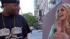 Sexy chic welcomed to a black-men party for a rough interracial gangbang