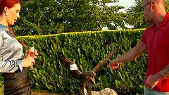 Redhead in a sexy satin blouse enjoys cock and piss outdoors