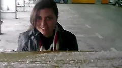 Kinky babe with long dark hair sucking a stranger's cock in his car