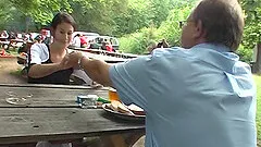 Horny waitress seduces an old man and gets drilled outdoors