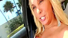 Mature blonde hitchhiker gets a cumshot from a big cock outdoors