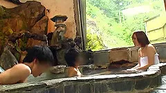 Blowjob in the Japanese baths makes him hard for her pussy