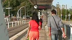Kinky slut with long dark hair enjoying a hardcore fuck in public
