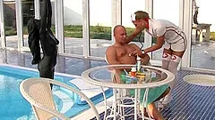 Sizzling hot private nurse treats rich patient's dick by his pool