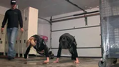 Sporty girls do push ups with their tits out and suck on a strapon