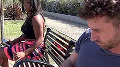 Curvy ebony cowgirl drinks cum after getting ass fucked in interracial shoot