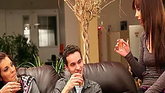 Babe with long hair unpinning her jeans before riding big cock hardcore in ffm sex