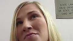 Pretty blonde shows her butt and sucks a gloryhole BBC