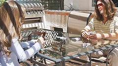 Playing cards outside before going in for a raunchy fuck