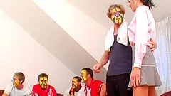 At a party Sarah Twain gets gangbanged by a bunch of sports fans