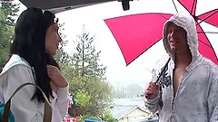 Brunette with tattoo gets pussy fucked after sucking off schlong