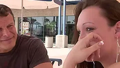 Crystal Clear in shorts enjoys being banged in an interracial threesome scene