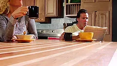 Blonde in red dress gets fucked hardcore before getting cumshot on her pussy