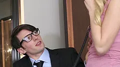 Flirty blonde office girl in glasses gets humped by her boss at work