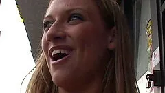 Blonde wearing miniskirt teases two cocks and gets cumshot in threesome clip