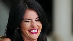 Bikini-clad babe with perky gorgeous tits touching her sexy ass