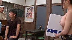 At a restaurant a topless waitress gets her nipples and pussy played with