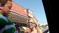 Skinny blonde in glasses riding big black cock in hardcore interracial clip