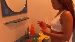 Chic with an oiled ass gets a hardcore interracial penetration at the shower