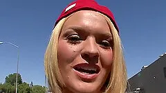 Blonde babe Krissy Lynn swallows cum after getting her anal banged in close up