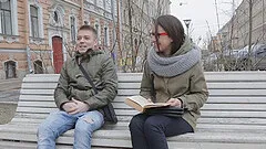 Adorable teen in glasses getting bonked doggy style in the kitchen