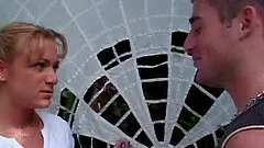 Blonde slut with pigtails sucking a dick and getting fucked outside