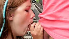 Public sex by the train tracks with a naughty slut in fishnets