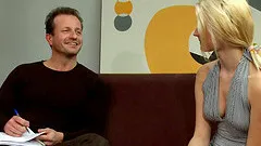 Leggy blonde first timer strips for a dick in her bald cunt