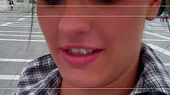 Stocking-clad brunette with perky natural tits sucking an old man's cock