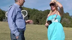 Blond in pilot uniform fucked and gets brunette's help to get off old stud