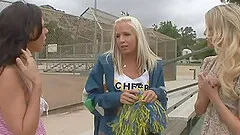 Charming lesbian babes in jeans stripping before smashing huge toys in their pussy on bed