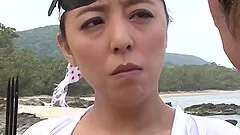 Snorkeling girl on the beach climbs on his dick and rides it