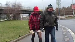 Wild cougar with a shaved pussy enjoying a hardcore fuck in public