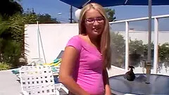 Blonde hottie in sexy glasses gets fucked in a hot blowjob and bang action